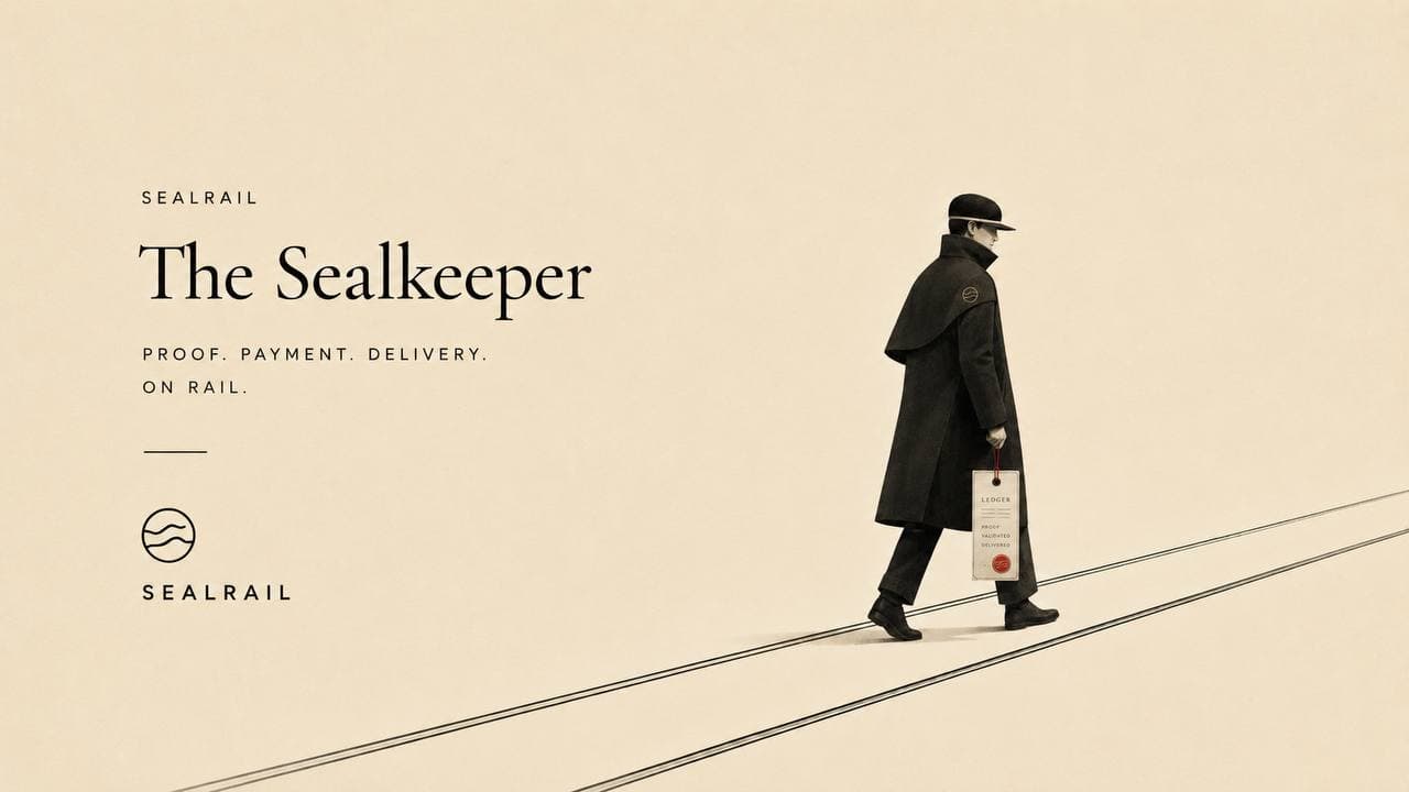 The Sealkeeper, a quiet courier carrying a sealed ledger tag along two payment rails